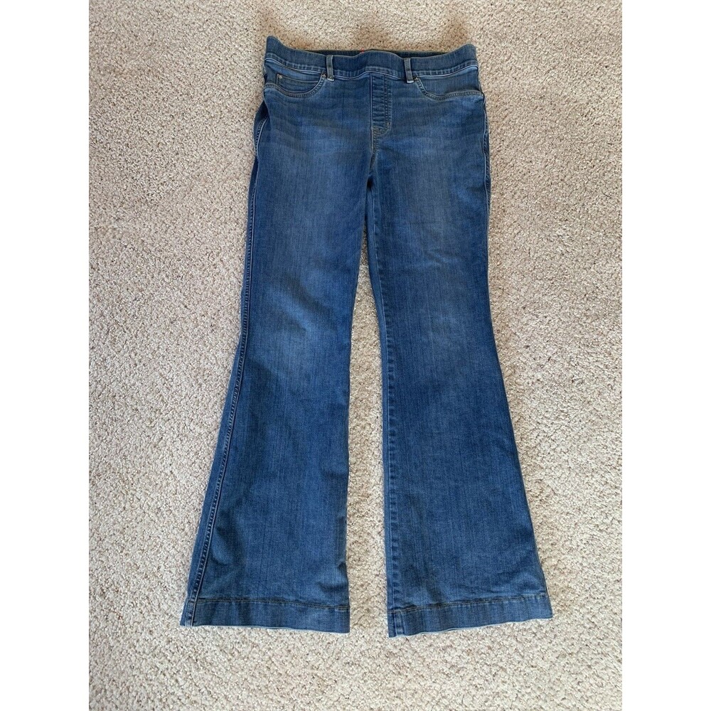 Spanx Blue Flare 70s Stretch Pull On Smoothing Denim Jeans XL Petite - Picture 2 of 12